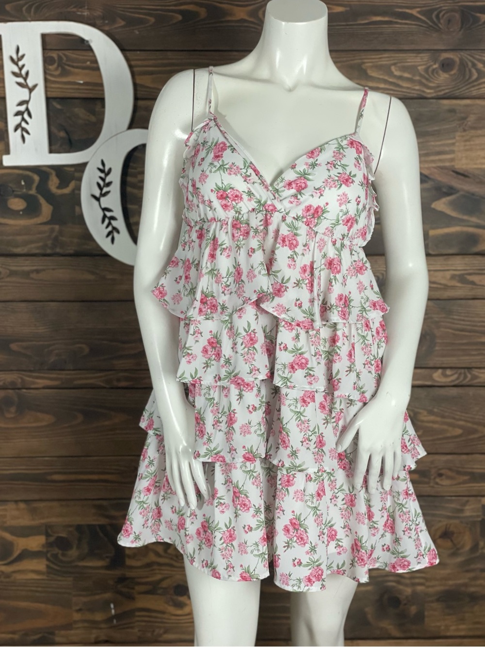 Altar’d State | Floral Ruffle Tiered Mini Babydoll Dress White Pink Roses